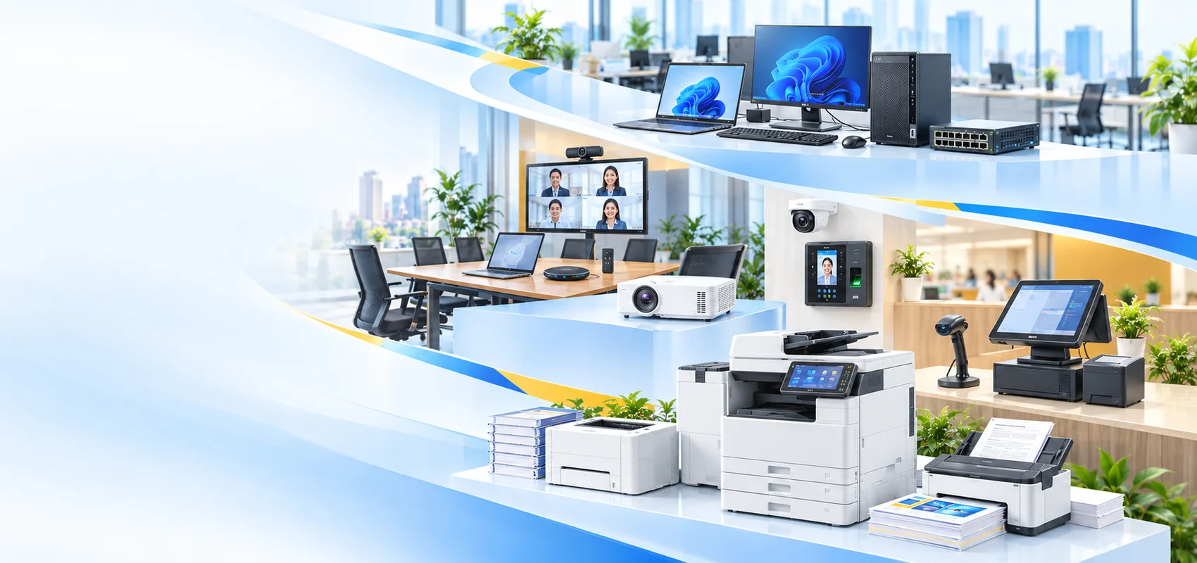 Giải pháp công nghệ thông tin và thiết bị văn phòng Thành An với máy tính, thiết bị mạng, máy in, camera và thiết bị hội nghị.