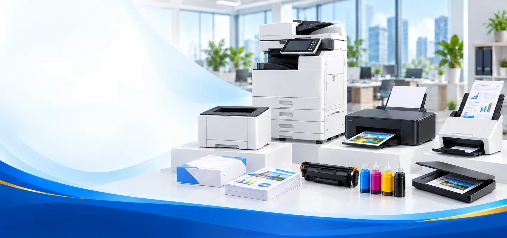 Giải pháp in ấn và xử lý tài liệu Thành An với máy in, máy photocopy, máy scan, mực in và vật tư.